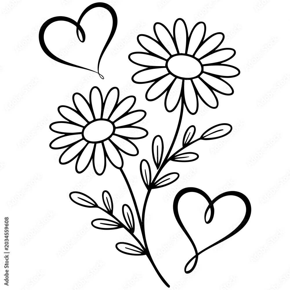 Obraz premium Elegant Minimal Daisy Illustration With Hearts and Curved Botanical Line Artwork Design Style Isolated on a Transparent or White Background