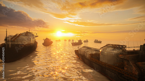 oil tankers fleet anchored in Strait of Hormuz at dramatic golden sunset 3D render concept