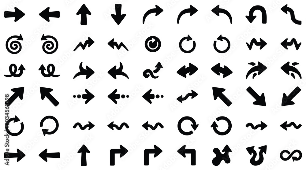 Naklejka premium Collection of various black arrow icons on white background for navigation and direction