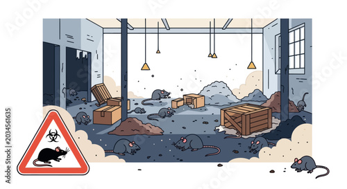 Photography Rat infestation in abandoned industrial building with warning sign