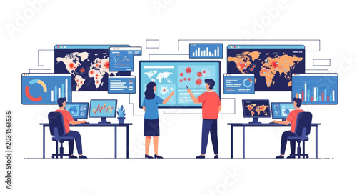 Data analysis team monitoring global pandemic spread on digital screens