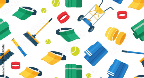 Photos Tennis Court Equipment Pattern: Balls, Rackets, Brooms, Towels, and Visors