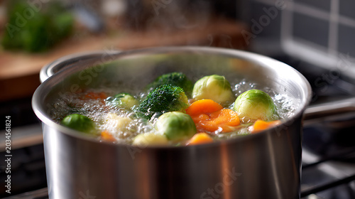 Fresh Vegetables Boil in Steaming Pot on Stove for Healthy Meal Preparation, Focus on Nutritious Cooking and Wholesome Ingredients