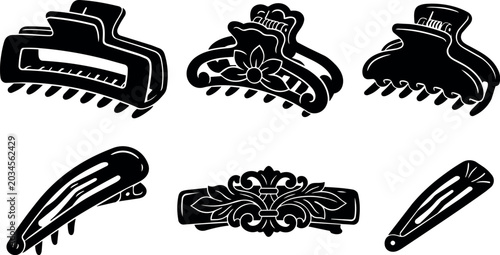 Black and white floral and ornamental hair clips and claw clips vector art illustration