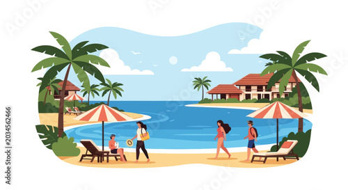 Tropical Beach Resort Vacation: People Relaxing on Sandy Shore with Palm Trees and Ocean