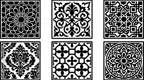 Black and white ornamental square tiles with geometric and floral patterns vector art