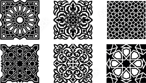 Black and white geometric arabesque pattern set ornamental vector art