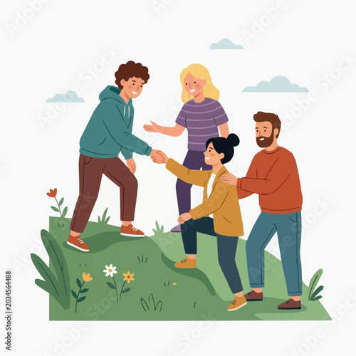 Diverse group of people helping each other climb a hill symbolizing teamwork and support