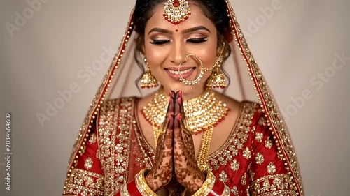 Beautiful Indian Bride in Traditional Red Lehenga and Jewelry.