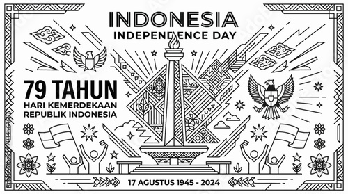Schilderij op canvas Indonesia 79th Independence Day commemorative line art illustration