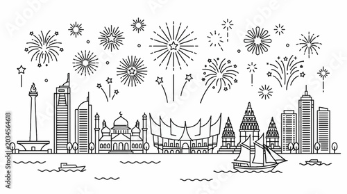 Obraz na plátně Jakarta city skyline with famous landmarks and fireworks celebration