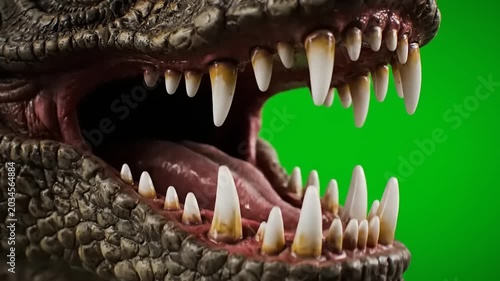 Close up of a dinosaur mouth with sharp teeth and green screen background.