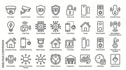 Collection of smart home technology icons representing various devices and functions for modern living.