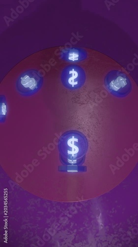 Luminous blue dollar coins bouncing in a pink tube