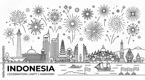 Schilderij op canvas Indonesia skyline outline illustration with landmarks and fireworks