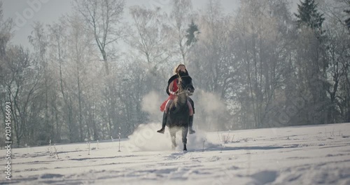 Blonde girl in red dress riding horse in winter snow