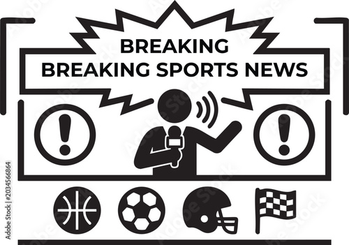 Schilderij op canvas Sports news icon with announcer and various sports symbols featuring microphone,