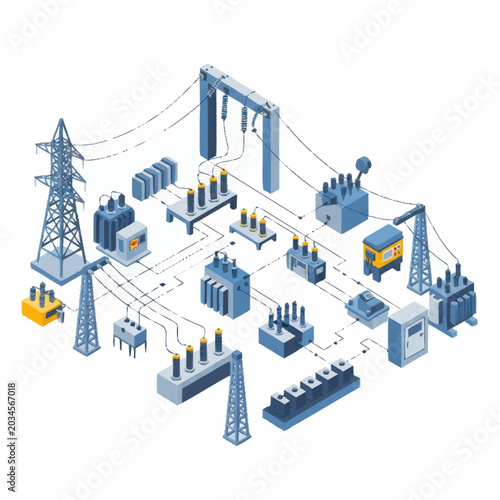 Obraz na plátne Electrical substation power distribution grid infrastructure isometric illustration