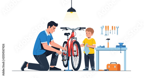 Father and Son Fixing Bicycle Together in Workshop