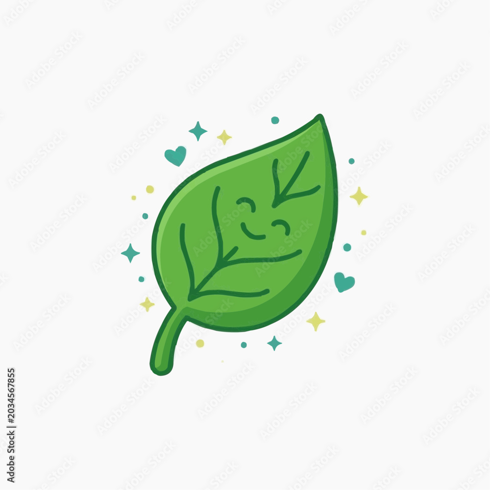 Fototapeta premium Cute happy green leaf character with sparkles and hearts on white background