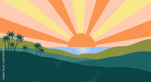 Vibrant Tropical Sunset Over Rolling Hills and Ocean with Palm Trees