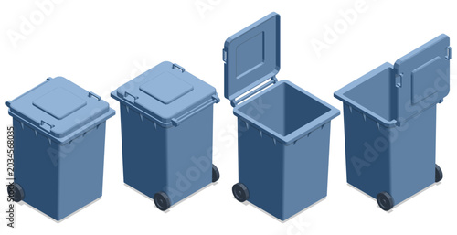 Foto isometric blue wheelie bin set with closed and open lid views on a light backgro