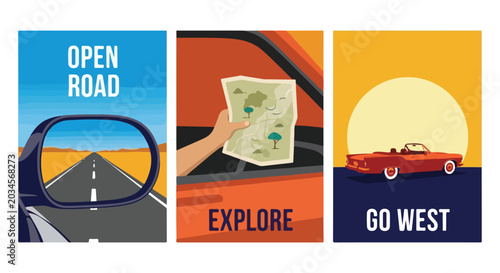 Road Trip Adventure Posters. Vector Illustration Set. Vintage Flat Style. Minimalist Texture. Travel Graphics.