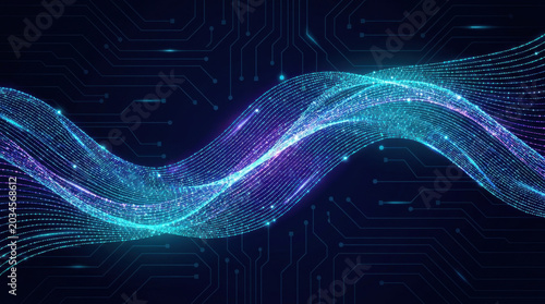 Abstract technology data wave network circuit blue neon digital flow background with glowing particle line and futuristic circuit board pattern, concept for communication, internet connection