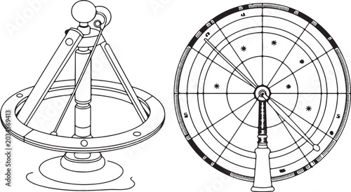 Antique astronomical instruments and celestial charts black and white line art.
