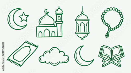 Tableau sur toile A collection of Islamic cultural and religious symbols, including a mosque, crescent moon, star, prayer rug, rosary beads, lantern, and the Quran