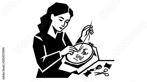 Fotografie Woman doing cross stitch embroidery on a hoop, creative hobby, crafting, needlew