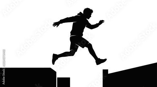 Foto Silhouette of a man jumping over obstacles, parkour athlete in motion