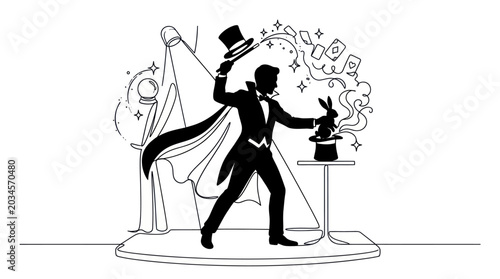 Tableau sur toile Magician Performing Illusion with Rabbit, Hat, Crystal Ball and Cards