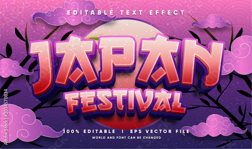 Editable Japan festival 3d text effect template with traditional red sun background and pink oriental clouds ornament