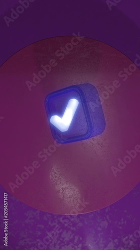 Glowing check mark icon floating in purple environment