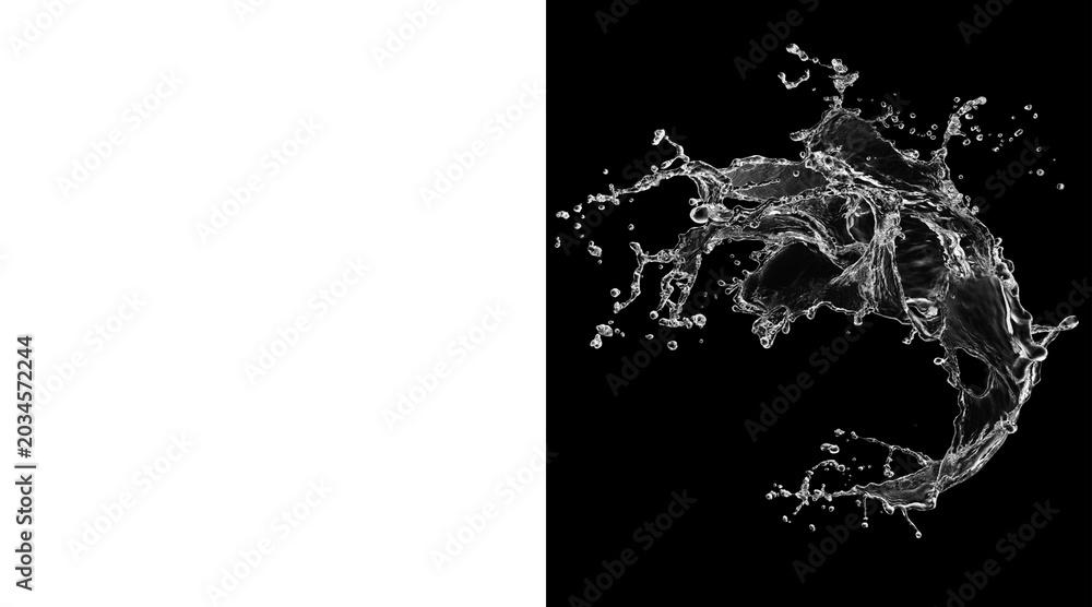 Obraz premium Dynamic water splash with droplets on black background, crystal clear liquid crown, refreshing beverage splash for advertising