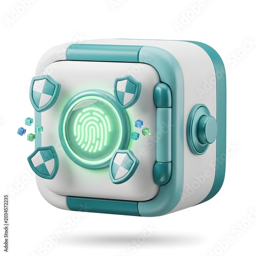 Digital data security safe with fingerprint scanner and shield icons