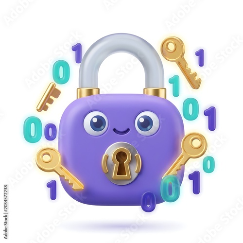 Cute 3D cartoon padlock with keys and binary code for cyber security