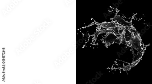Foto Dynamic water splash with droplets on black background, crystal clear liquid cro