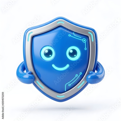 Cute 3D Blue Shield Character Mascot for Cyber Security Protection