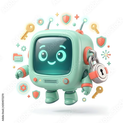 Cute Robot Guardian: An adorable, mint-green robot with big, glowing blue eyes and a friendly smile is depicted with a locked padlock symbolizing security.
