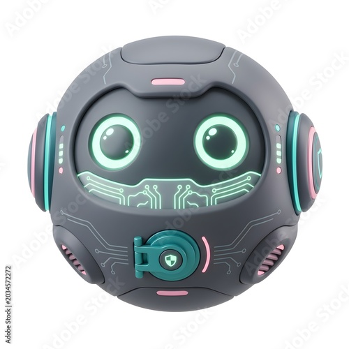 Futuristic Spherical Robot Head with Glowing Green Eyes Isolated