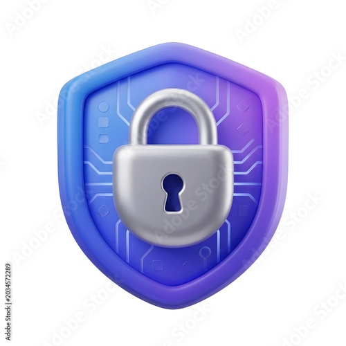 3D shield with padlock representing cybersecurity and privacy.