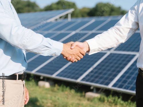 Business handshake in front of solar panels, clean energy partnership, renewable power investment, corporate deal