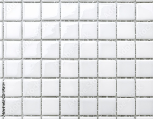 White ceramic tiles, glossy square mosaic wall texture, repeating grid, clean interior surface