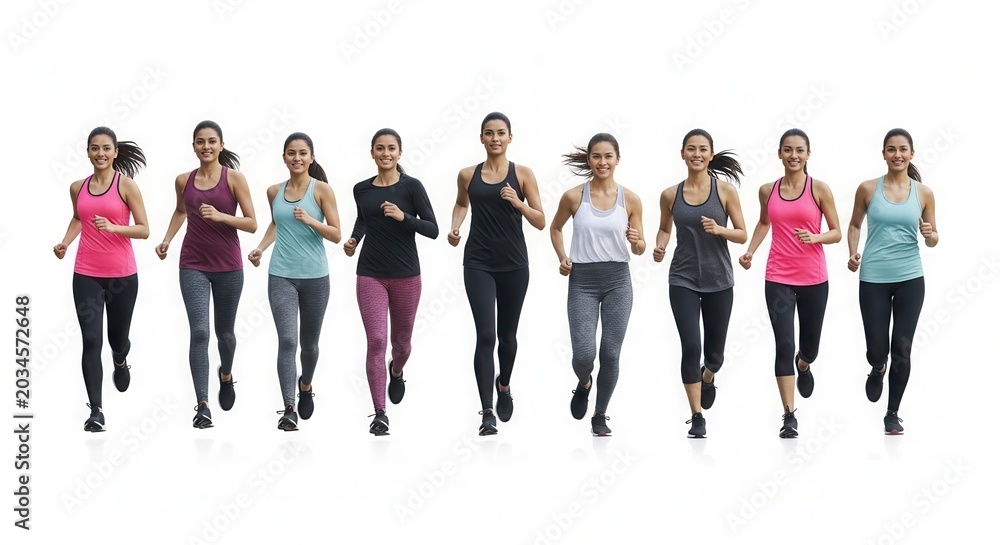 Obraz premium Group Of Diverse Women Running Together Isolated White Background