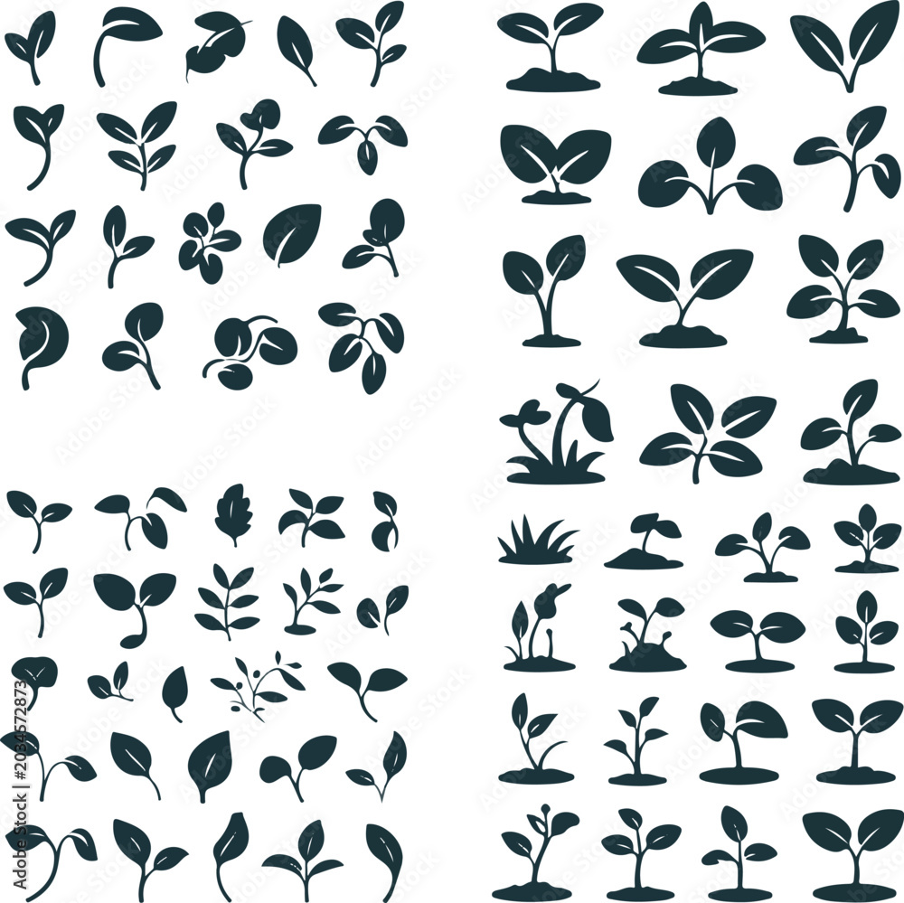 Obraz premium Plant sprouts and leaves silhouettes for growth and nature themes.
