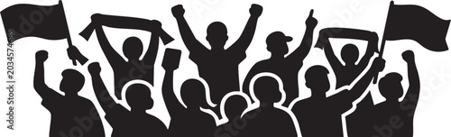 Картината върху платно People crowd protest with raised fists and flags waving in a demonstration silho