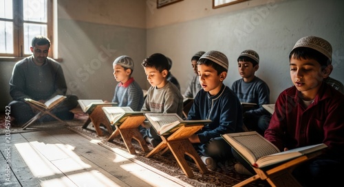 Young boys reading the Quran in a traditional madrasa school.