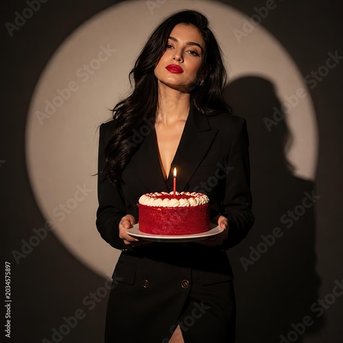 A woman in a black blazer holding a birthday cake with a single lit candle under a spotlight
